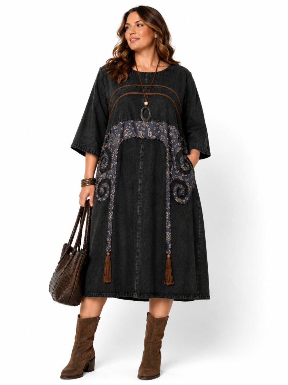 Japanese Sashiko Inspired Oversized Charcoal Midi with Indigo Floral One Size